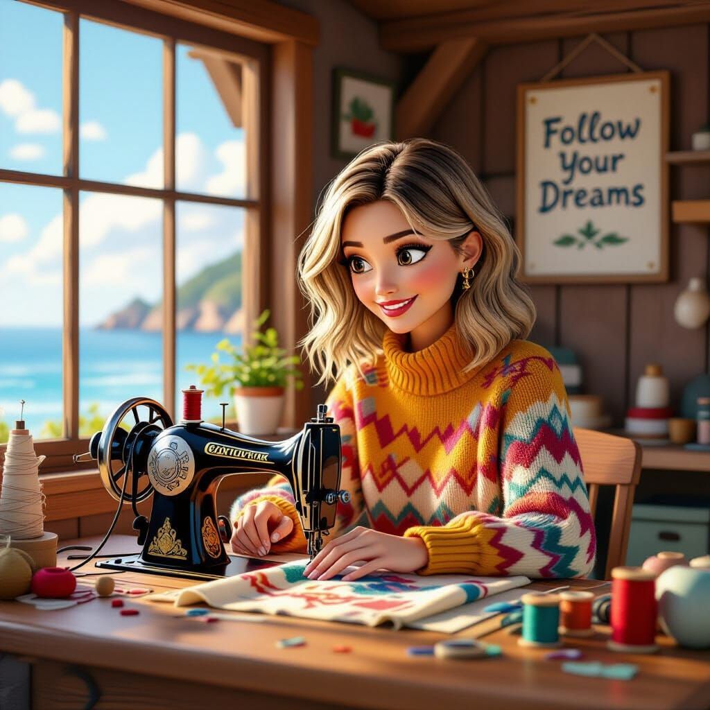Woman Sewing a Sweater in Cozy Pixar-Style Workshop