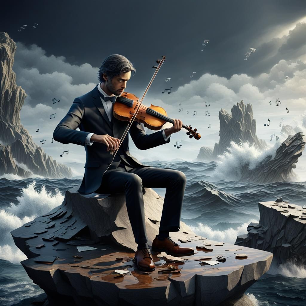 Elegiac Violinist Plays Melancholic Serenade Amidst Turbulen...