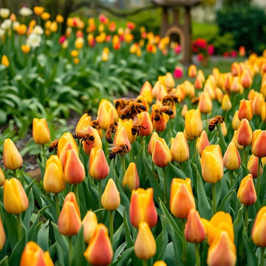 Vibrant Tulip Garden Scene with Bees in Full Bloom