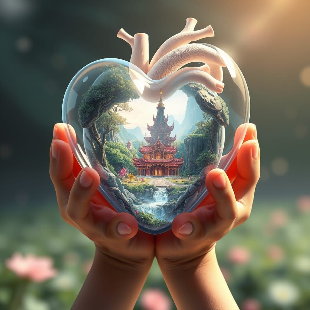 Delicate Hands Hold a Transparent Fantasy Heart