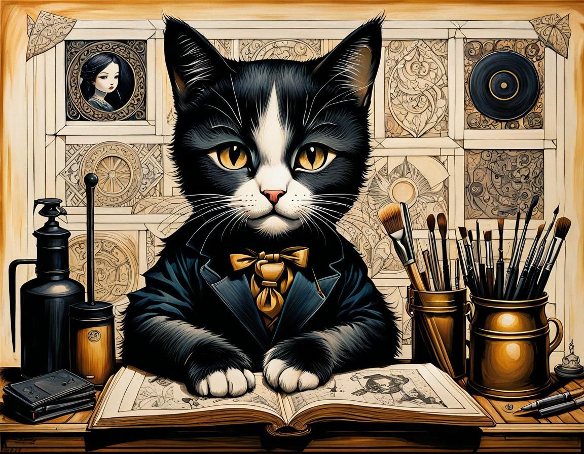 Ethereal Chibi Cat Portrait in Dark, Moody Film Noir Style