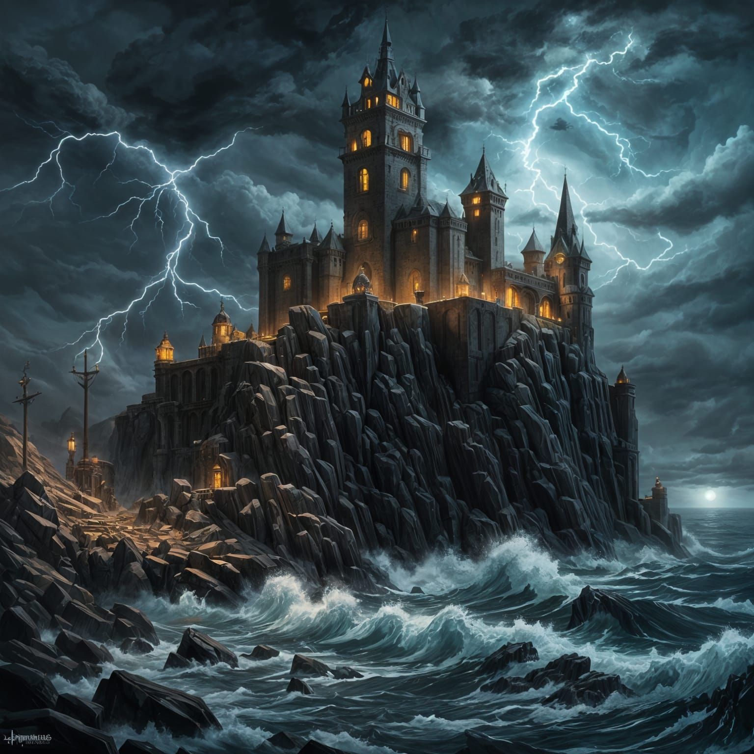Azkaban Fortress Amidst Gothic Stormy Seascape