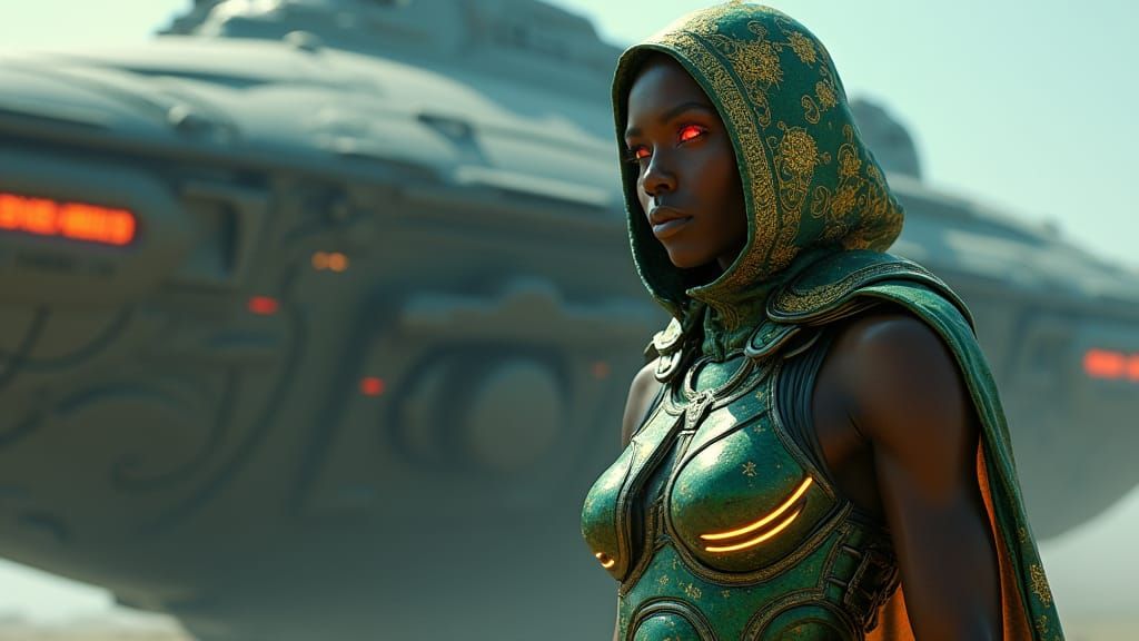 Cybernetic Goddess in Shimmering Green Space Armor