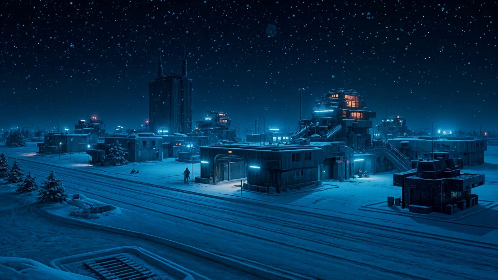 Snowy Military Base at Night in Cyberpunk Style