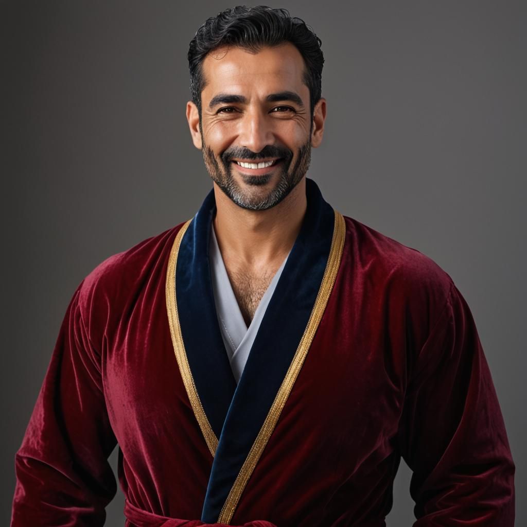 Handsome Arab Man in Impasto Velvet Bathrobe