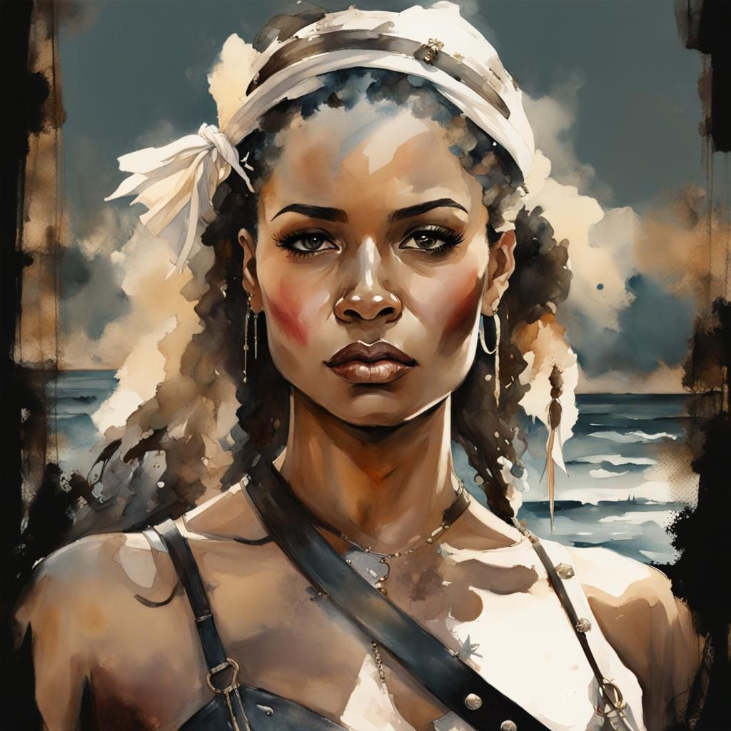 Epic Watercolor Pirate Goddess on a Tropical Island