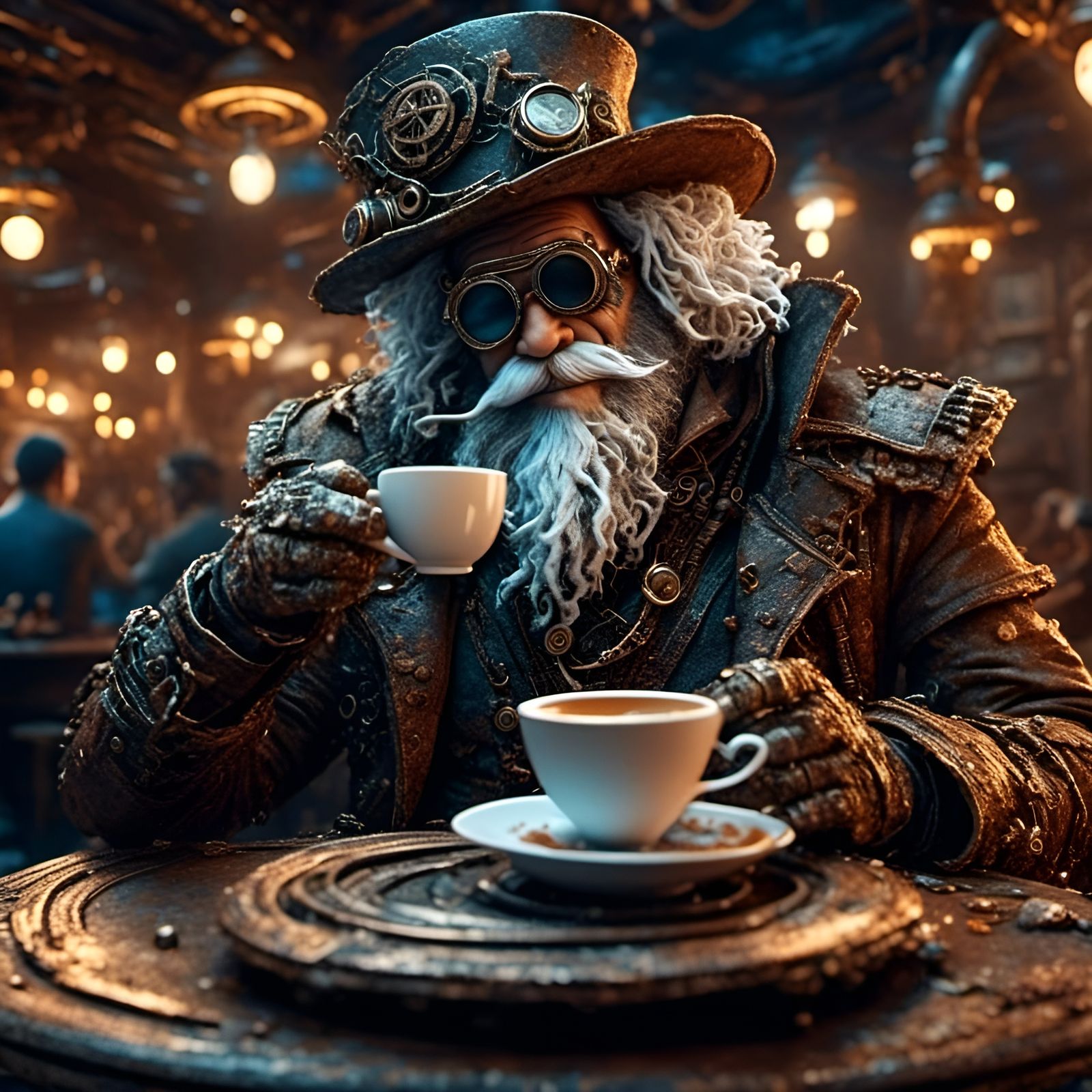 Steampunk Wizard Sips Tea in Sunny Safari Night Cafe