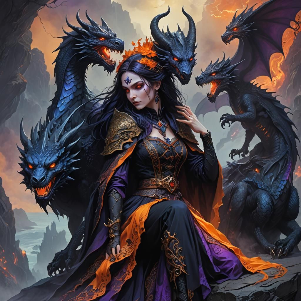 Gothic Witch Hugs Majestic Black Dragons on a Cliff