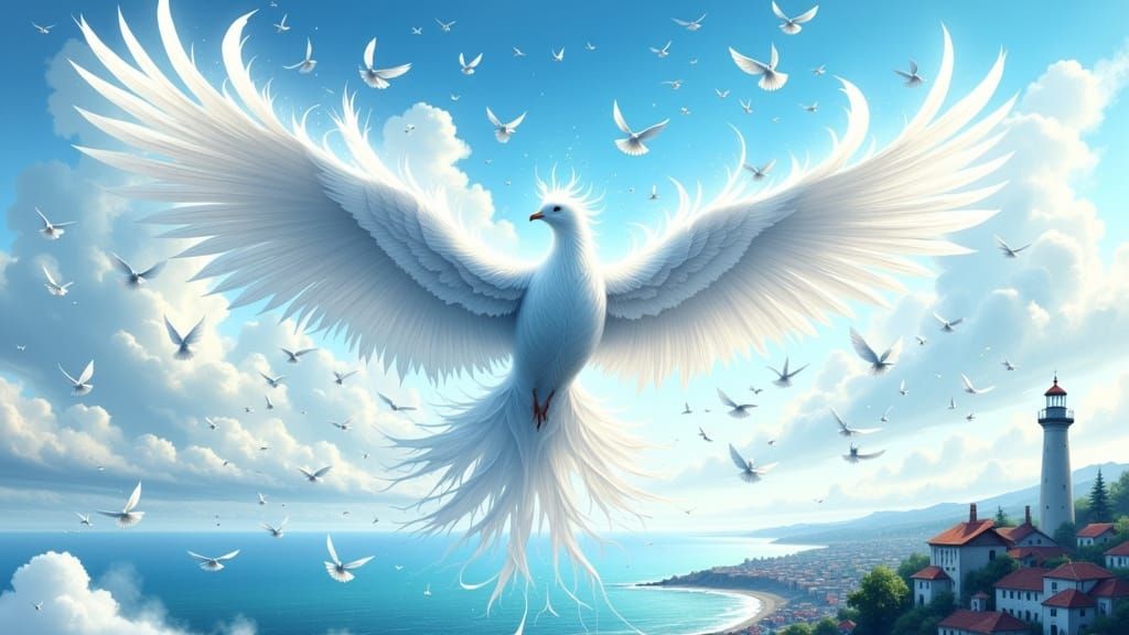 Phoenix of Doves Soaring Over Coastal Town