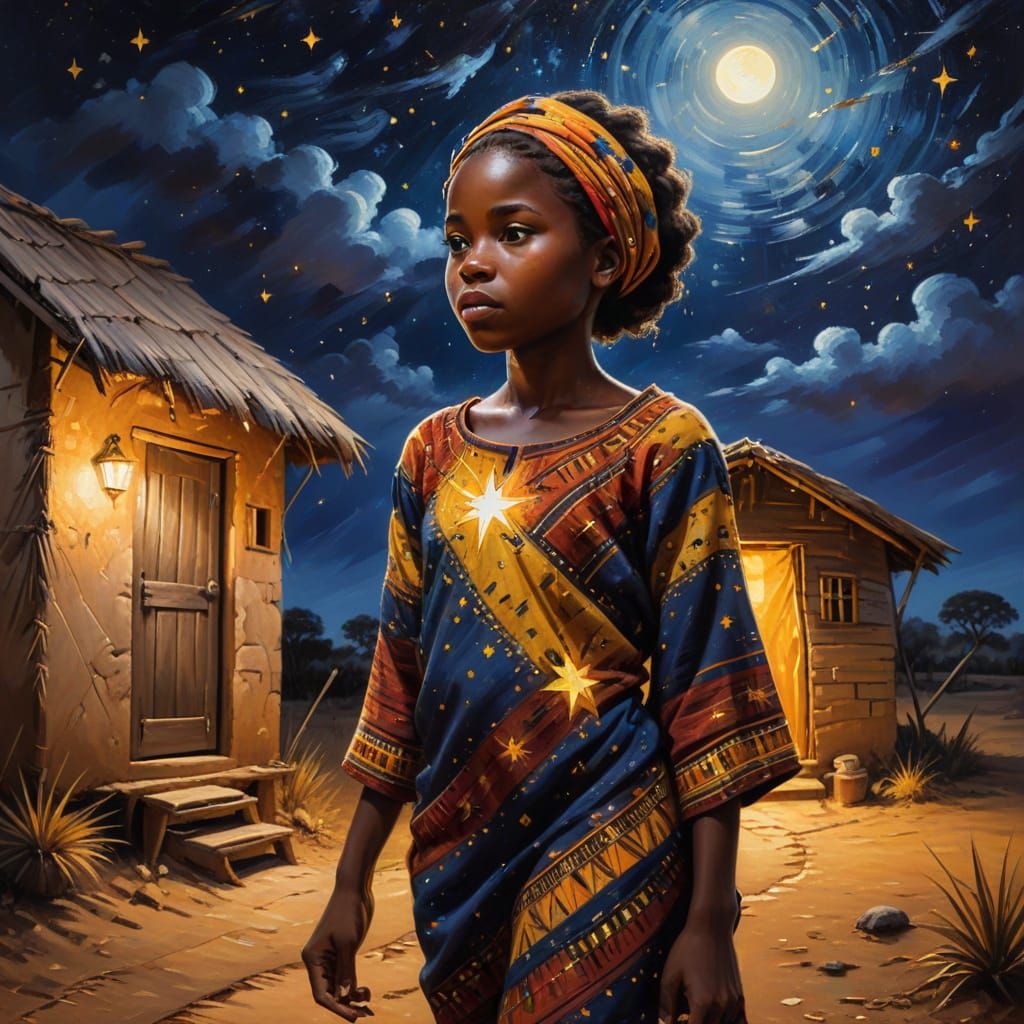 African Girl Steps Out into the Nocturnal Night Sky
