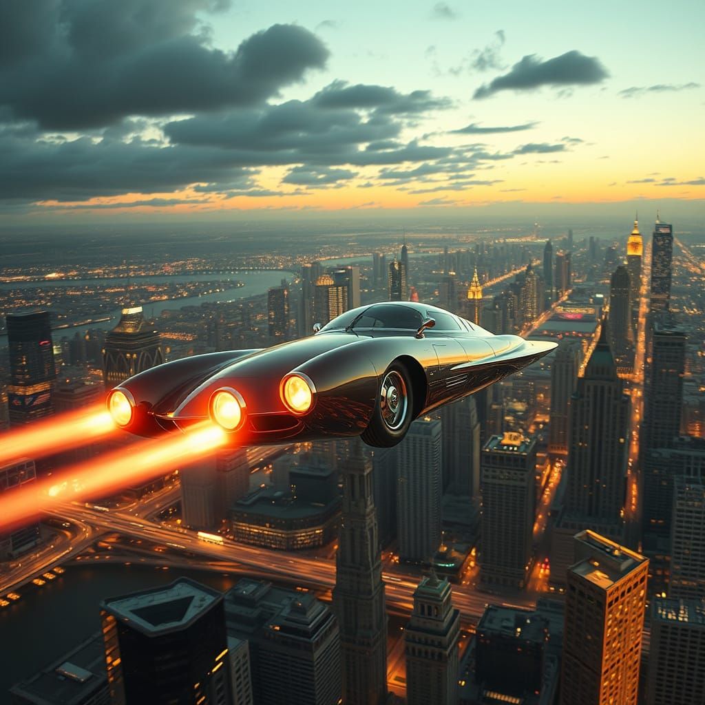 Retro Futuristic Flying Car Over Metropolis