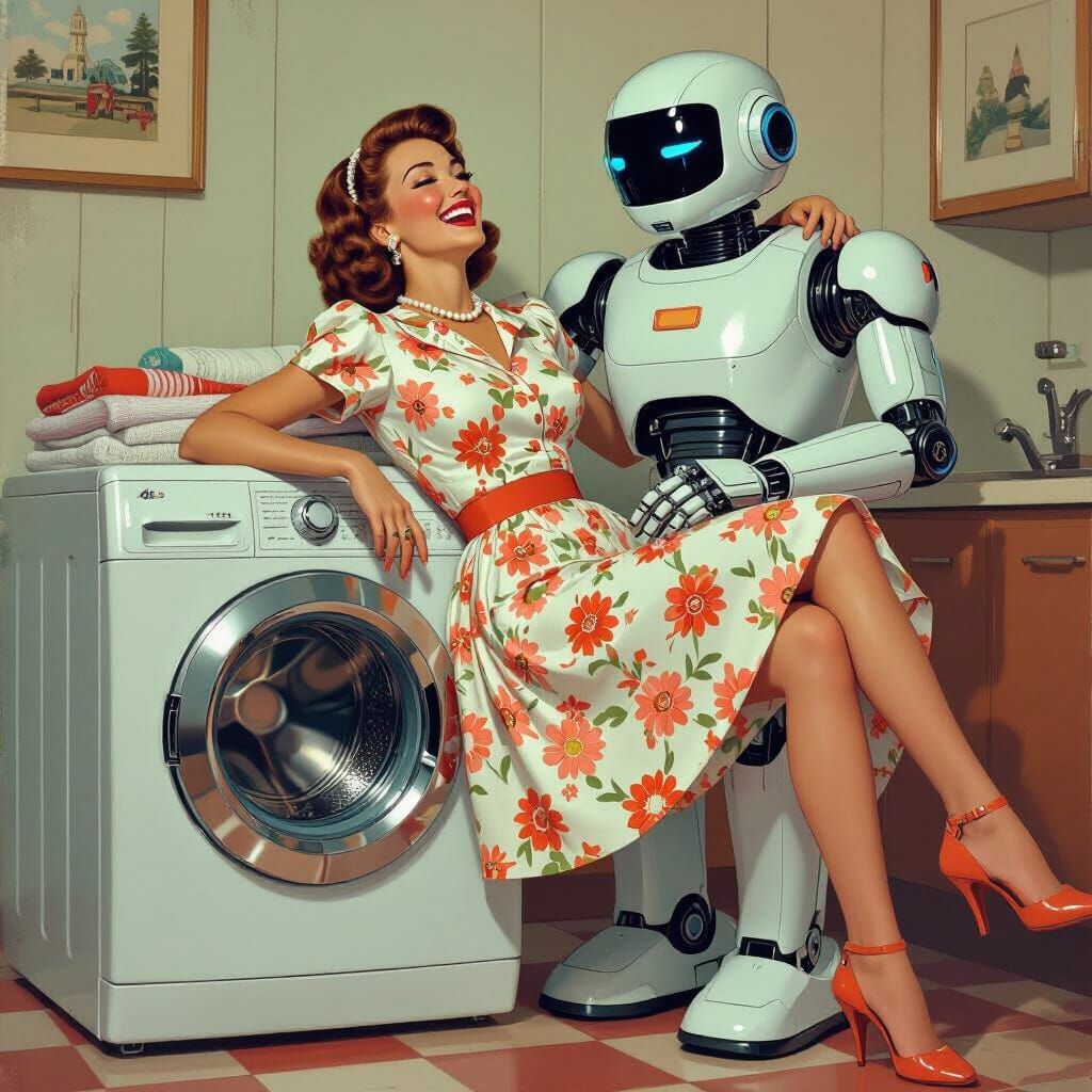 Housewife and Robot in Retro-Futuristic Style