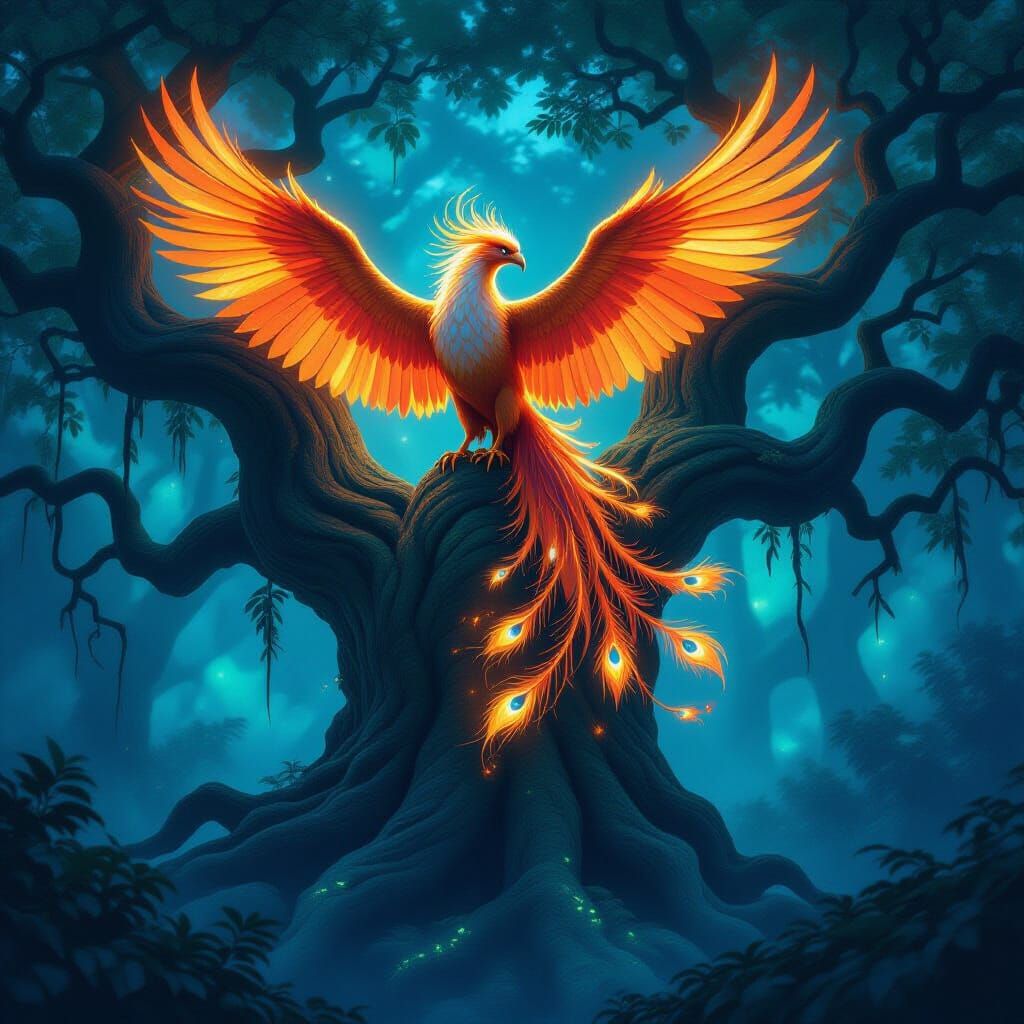 Majestic Phoenix Ablaze in Bioluminescent Forest Concept Art