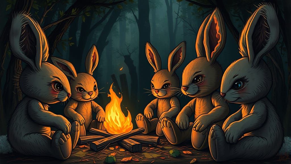 Creepy Vintage Plush Rabbits Around Campfire in Forest