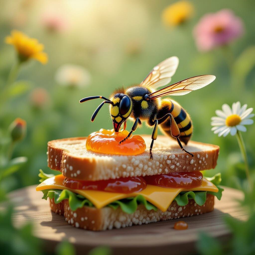 Cute Wasp Enjoys Marmalade Sandwich in Flowery Garden