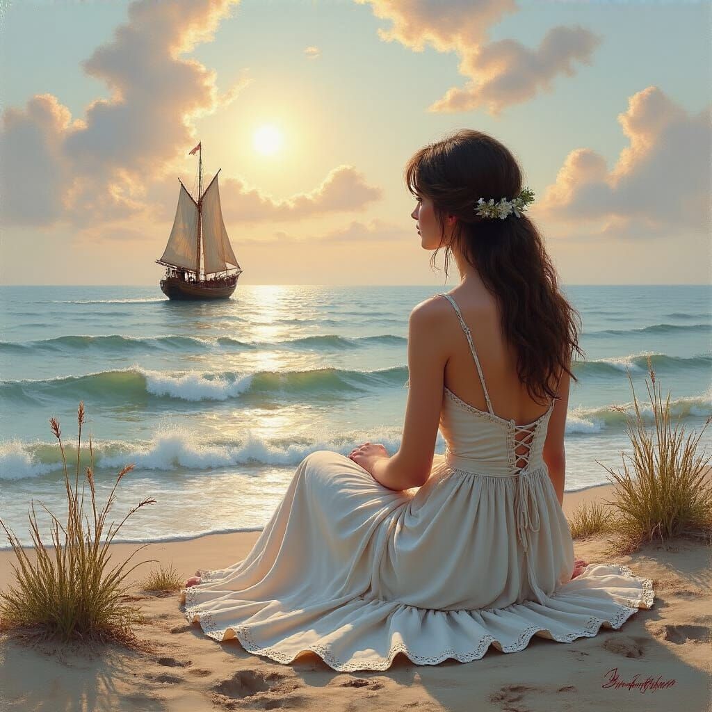 Seascape with Woman Gazing at Sea, Acrylic Painting