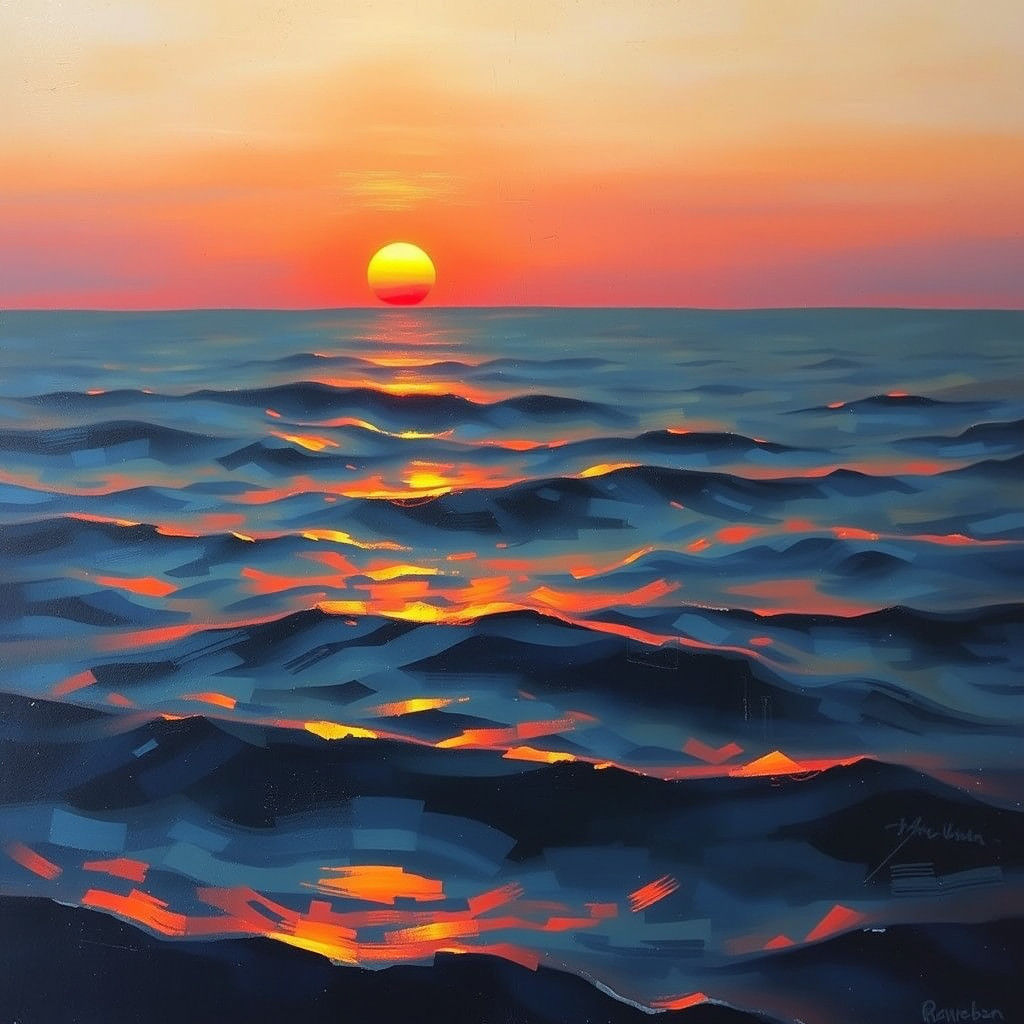 A symphony of light playing on water The sun, a molten ember dipping below the horizon, ignites the rippling water in a ...