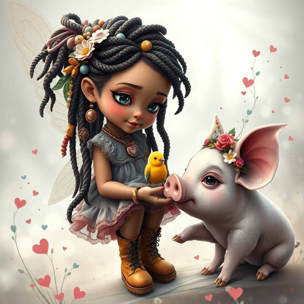 Enchanting Fairy Girl and Piglet in Whimsical Floral Crown