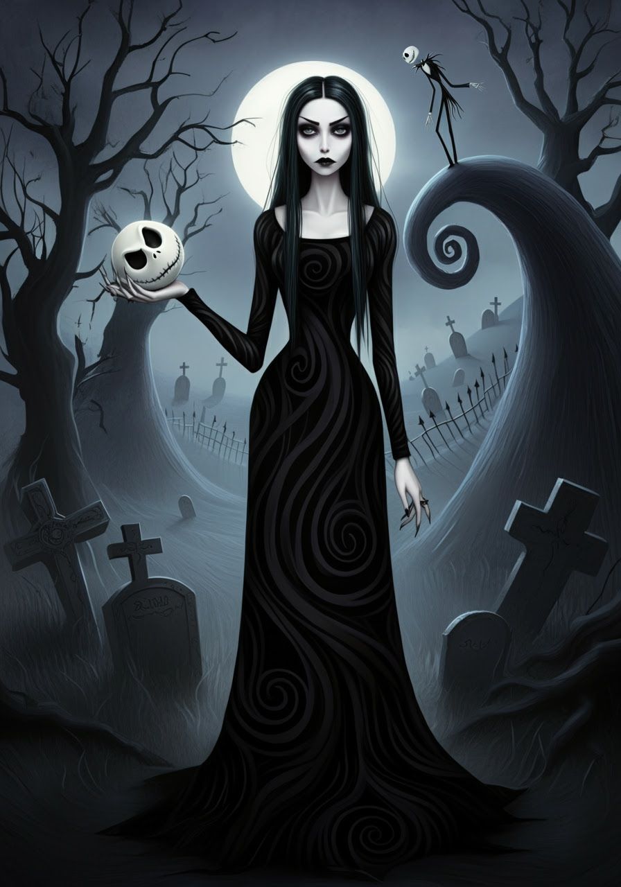 Gothic Woman with Skull in Dark Landscape