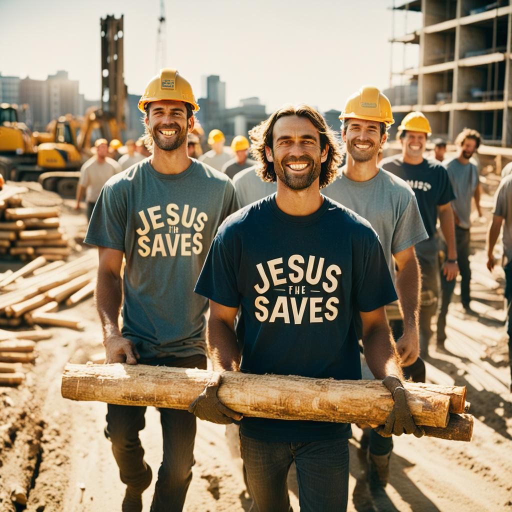 Young Men in Jesus Saves Shirts Work Together on a Busy Cons...
