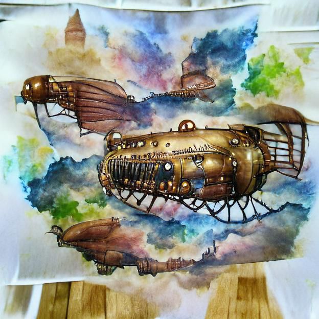 Whimsical Steampunk Airship Watercolor Art