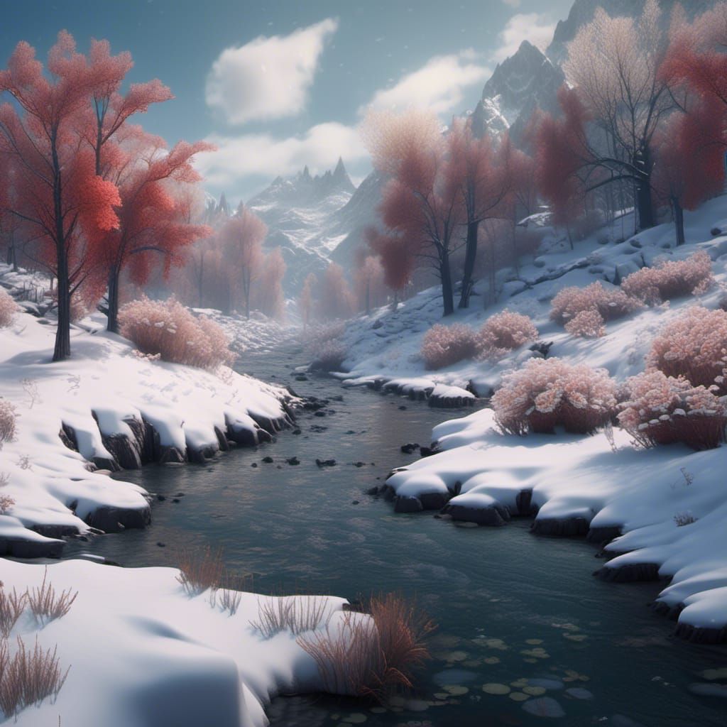 Stunning Winter Landscape with Snowy Riverbanks and Vibrant...