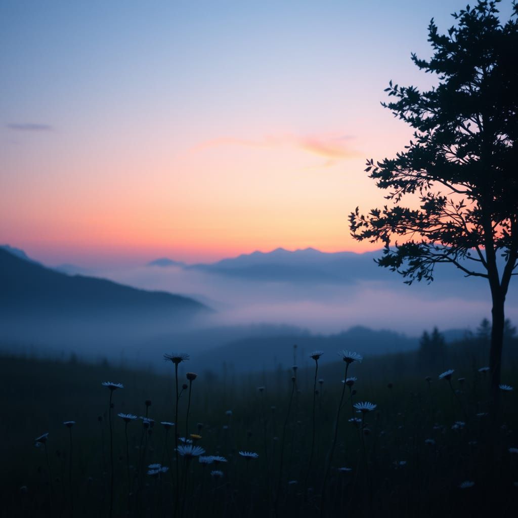 Twilight Tranquility: Ethereal Landscape with Wildflowers