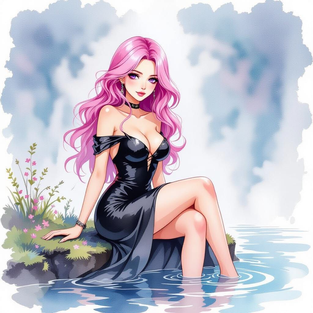 Woman with Pink Hair in Watercolor Alcohol Ink Style