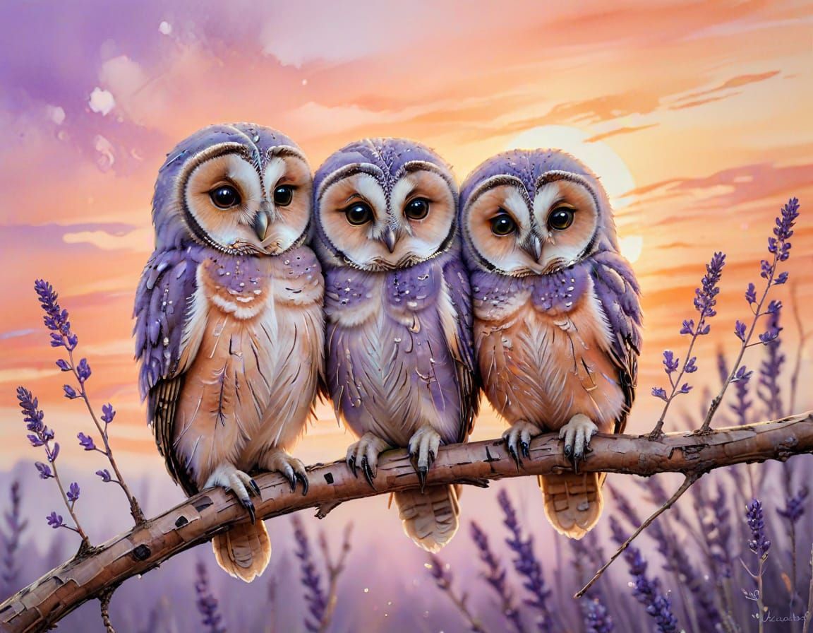 Pastel Sunset Owlets in Expressive Watercolour