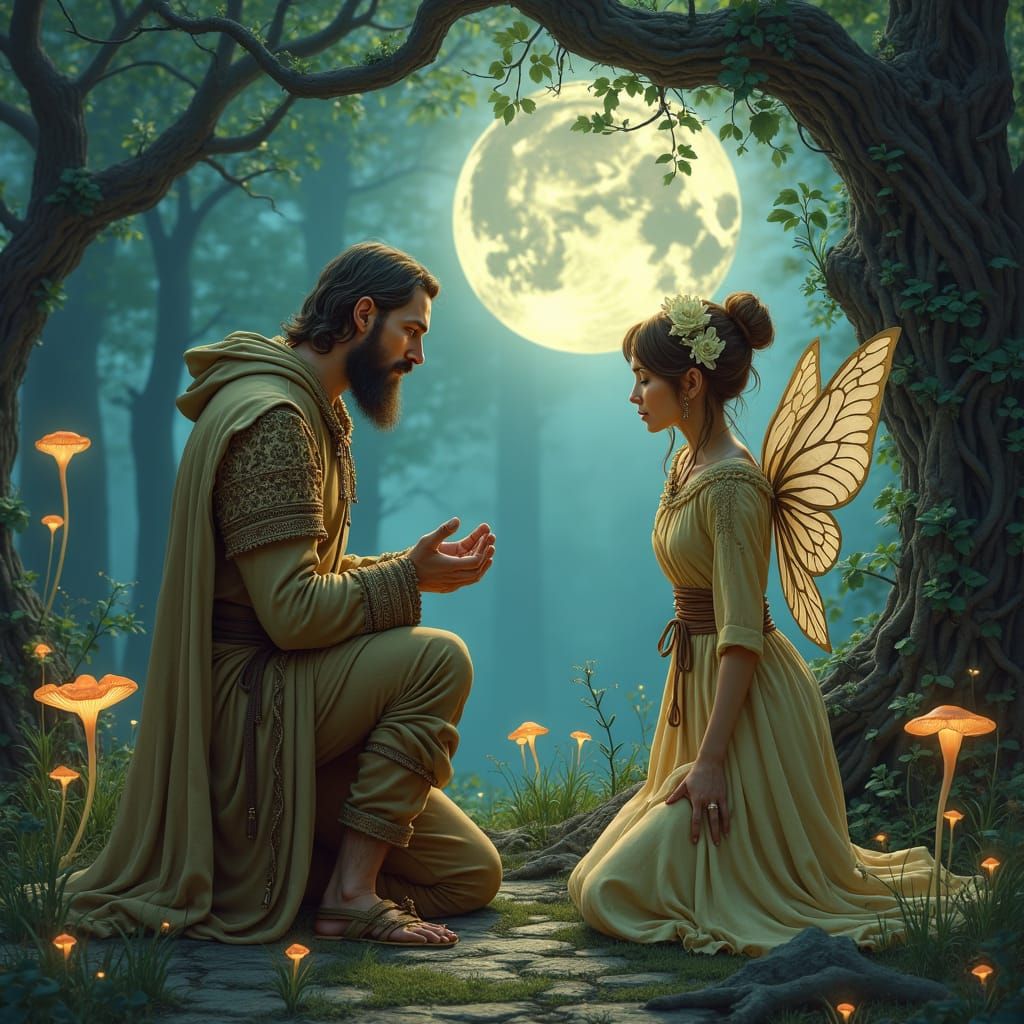 Elven Man Meets Fairy Lover in Moonlit Forest