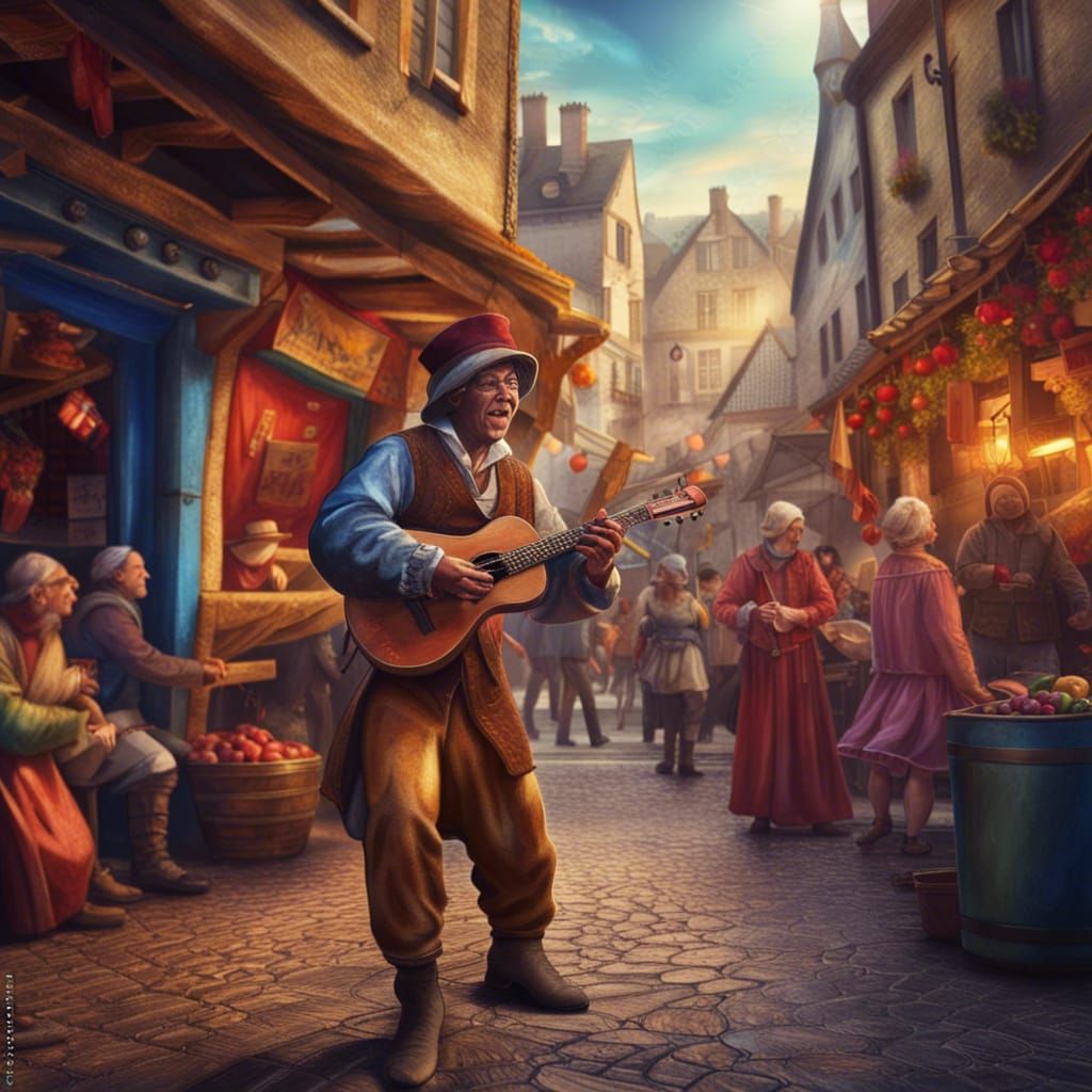 A minstrel playing at a medieval market