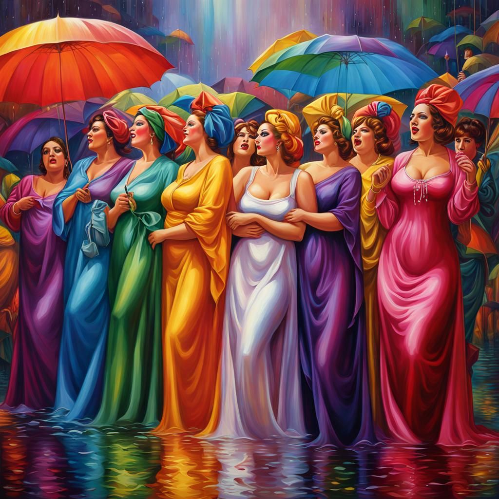 Glowing Rainbow Satin Queens Reign in Rainy Paradise