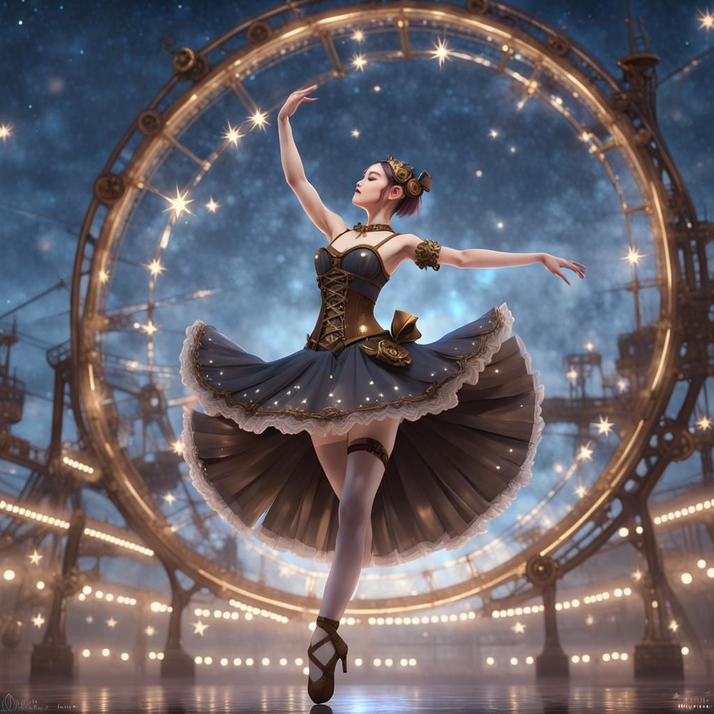 Steampunk Ballerina Dances Under Starry Night Sky in Cyberpu...