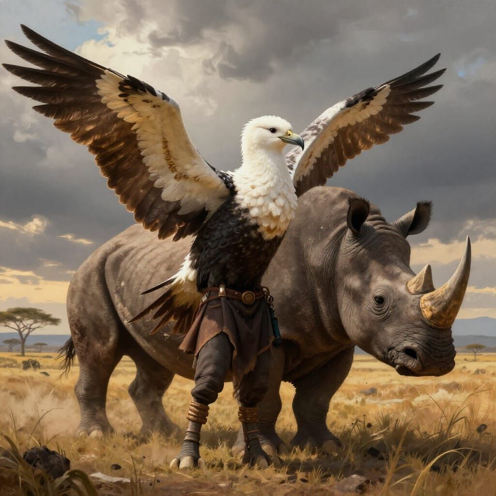 Fantasy Ranger with Albatross Features and Rhinoceros Compan...