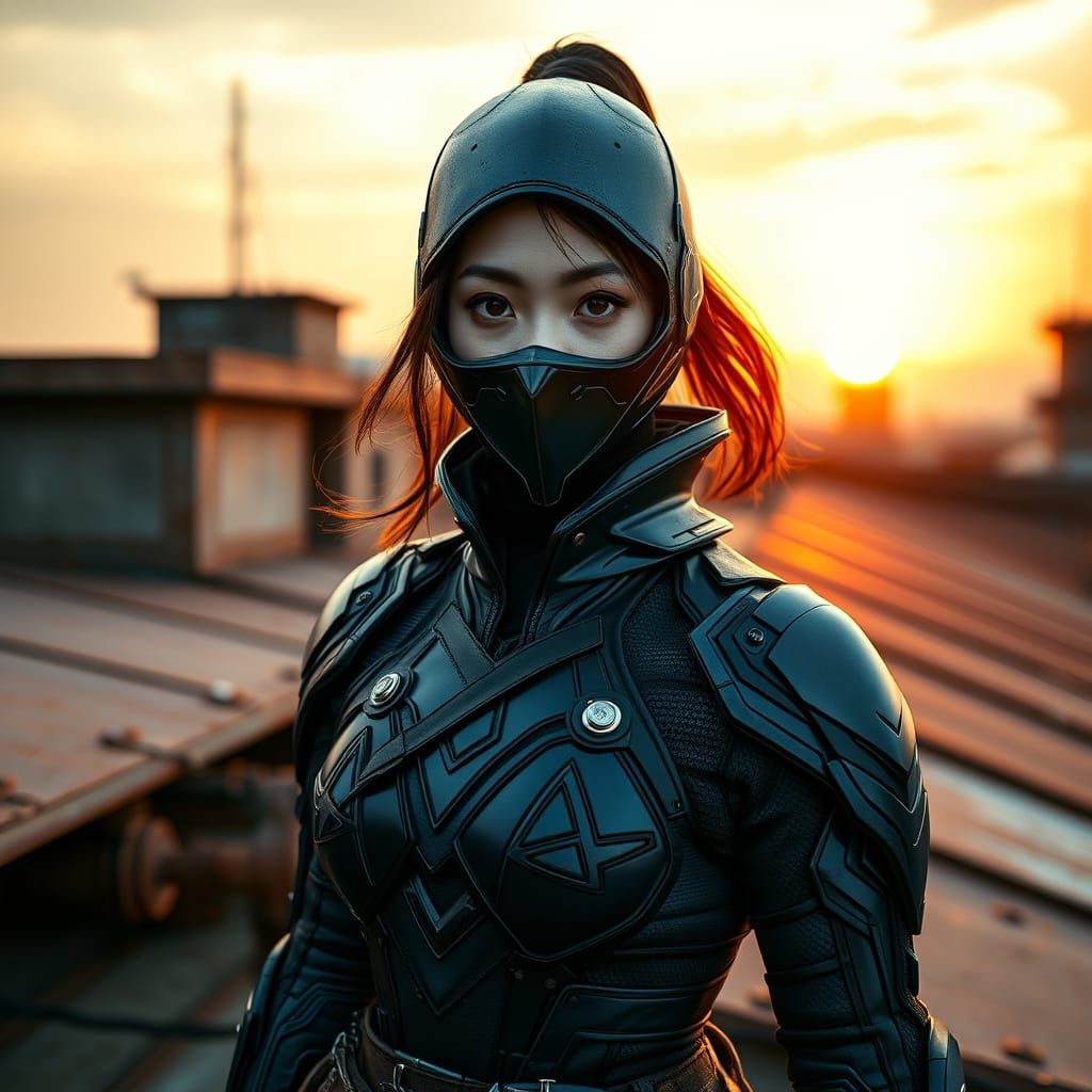 Cyberpunk Chinese Superheroine in High-Tech Ninja Armor at S...