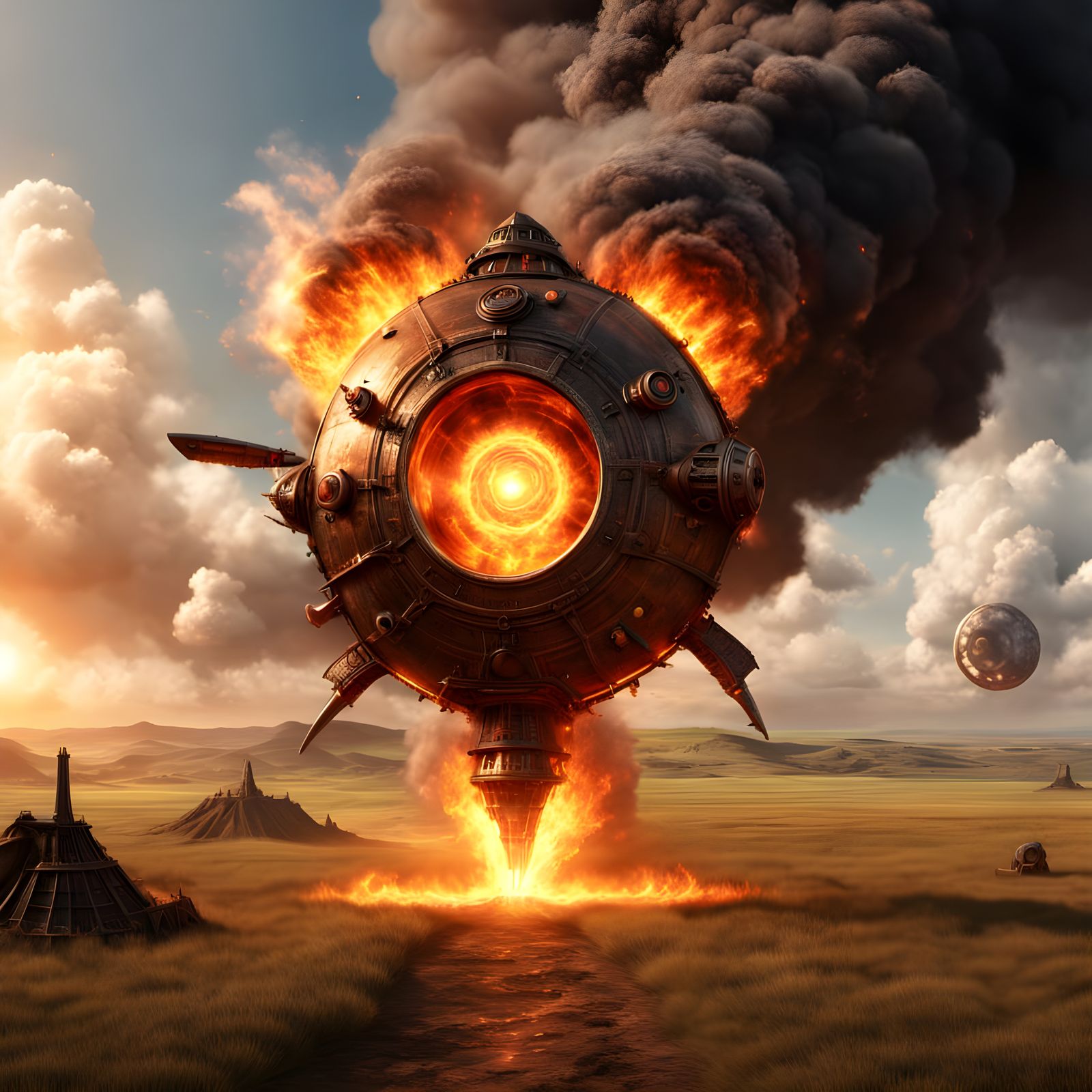 Steampunk Spacecraft Exiting Fire Portal
