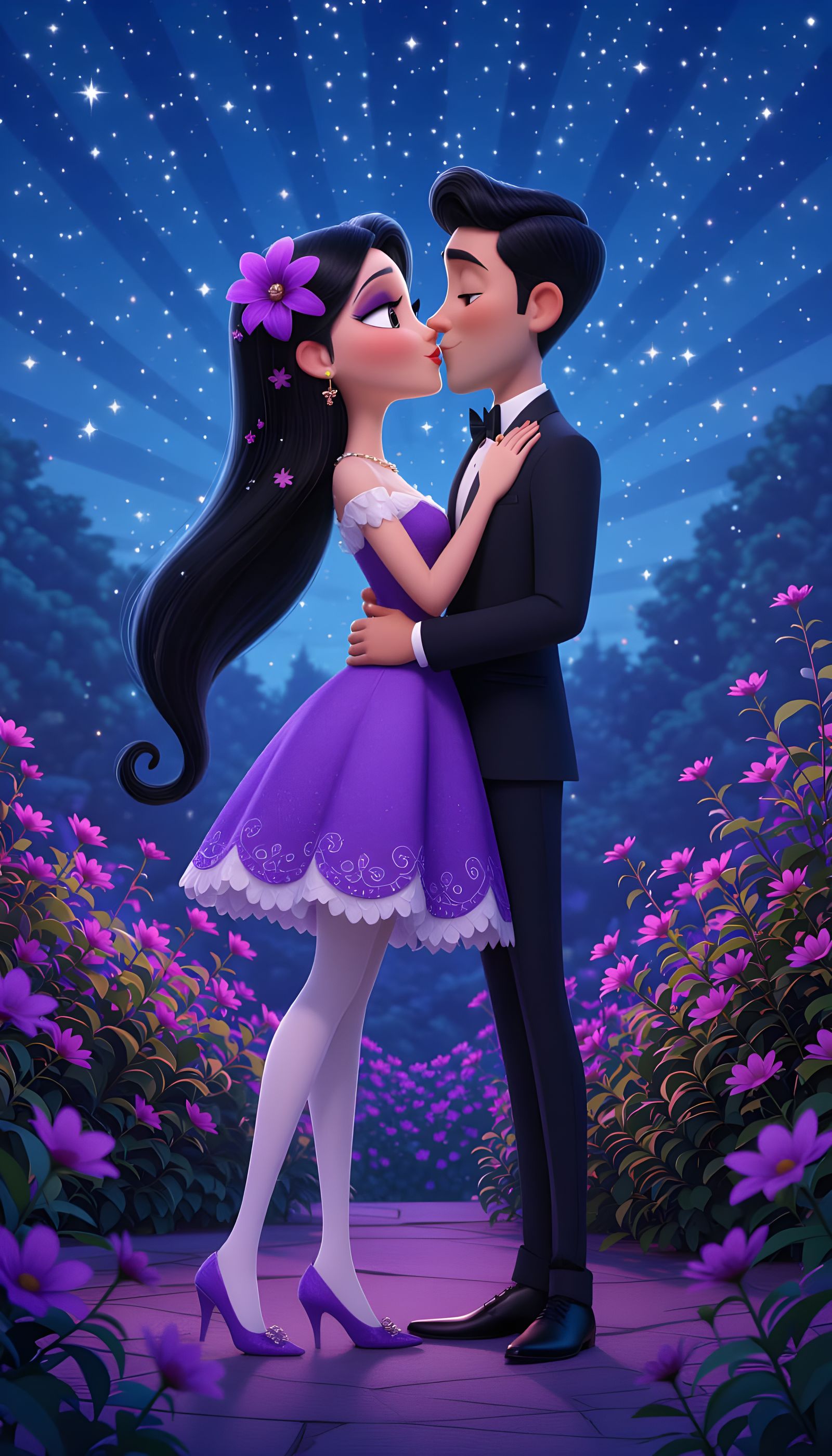 Pixar Style Woman Kisses Man in Purple Garden