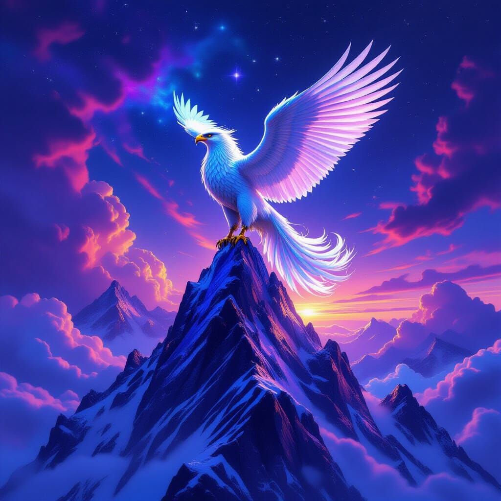 Iridescent Griffin Perched on Crystal Peak