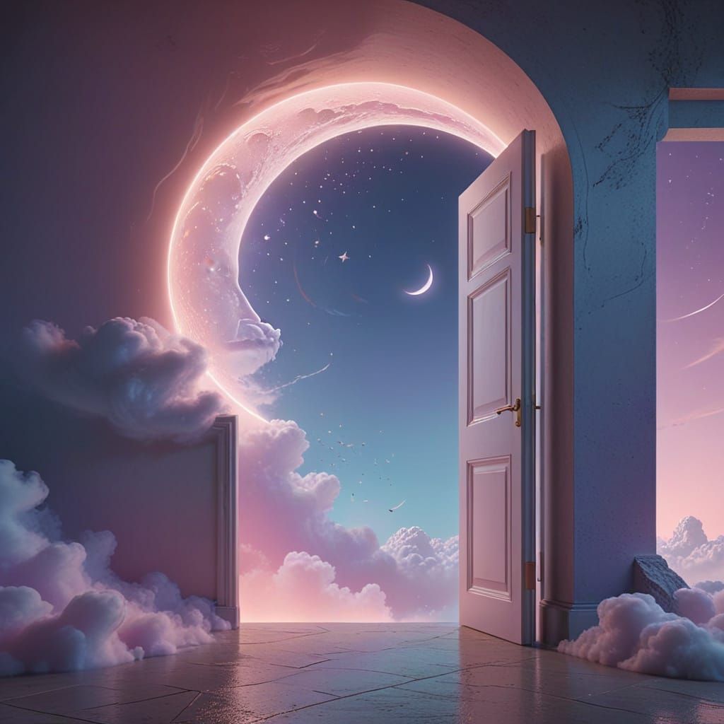 Surreal Dreamscape with Pastel Hues and Glowing Door in Cine...