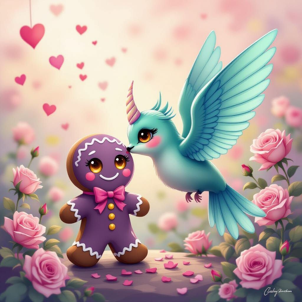 Teal Winged Creature Kisses Gingerbread Man Amidst Hearts an...