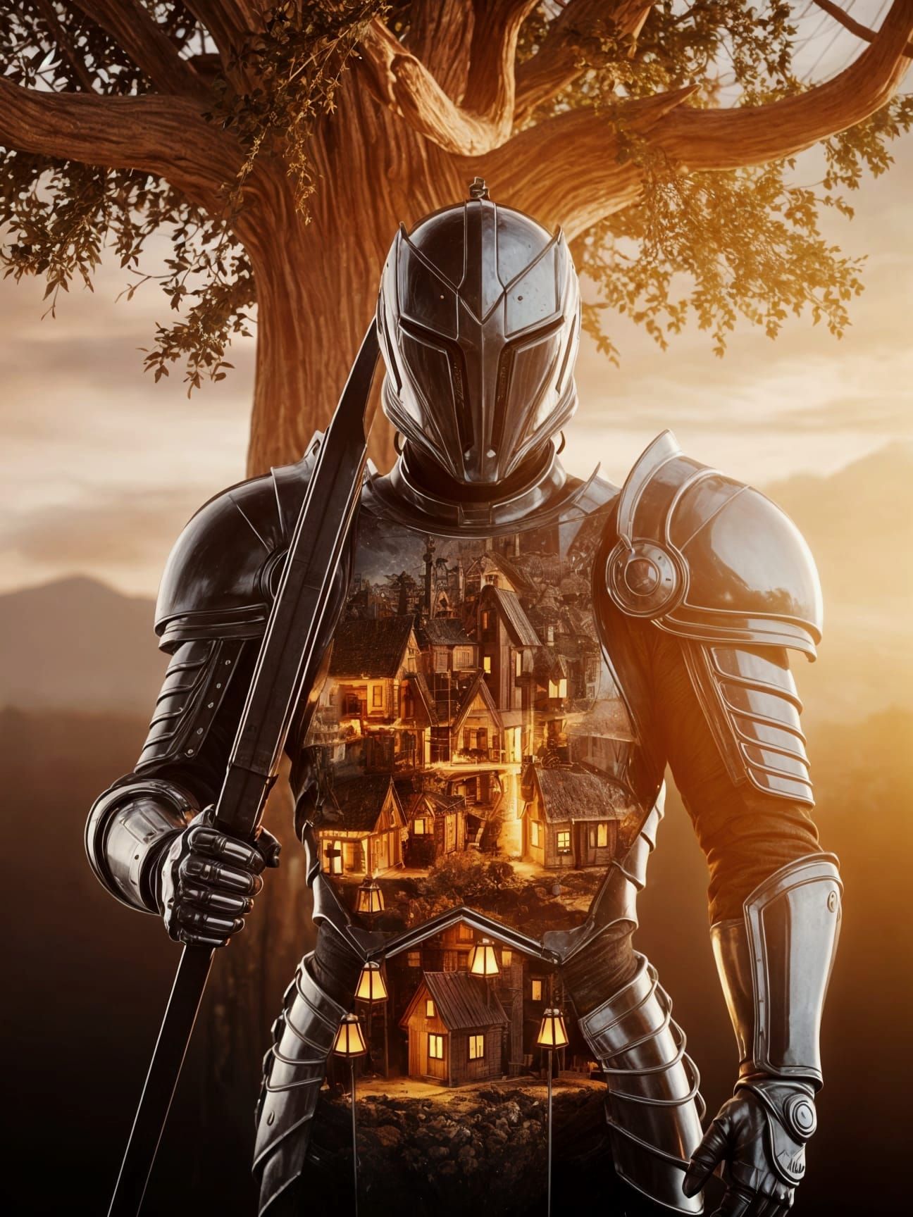 Futuristic Knight Guards Fantasy Tree Town