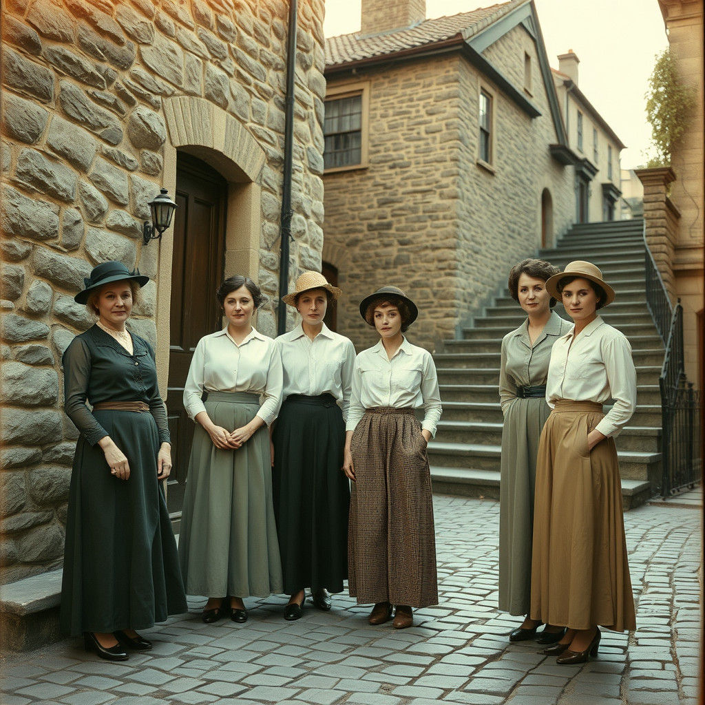 Women on a Quaint Cobblestone Street in 1900s Setting