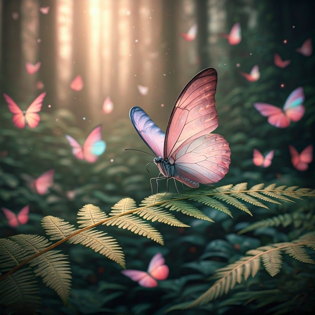 Pastel Rainbow Butterflies in a Vibrant Forest Scene