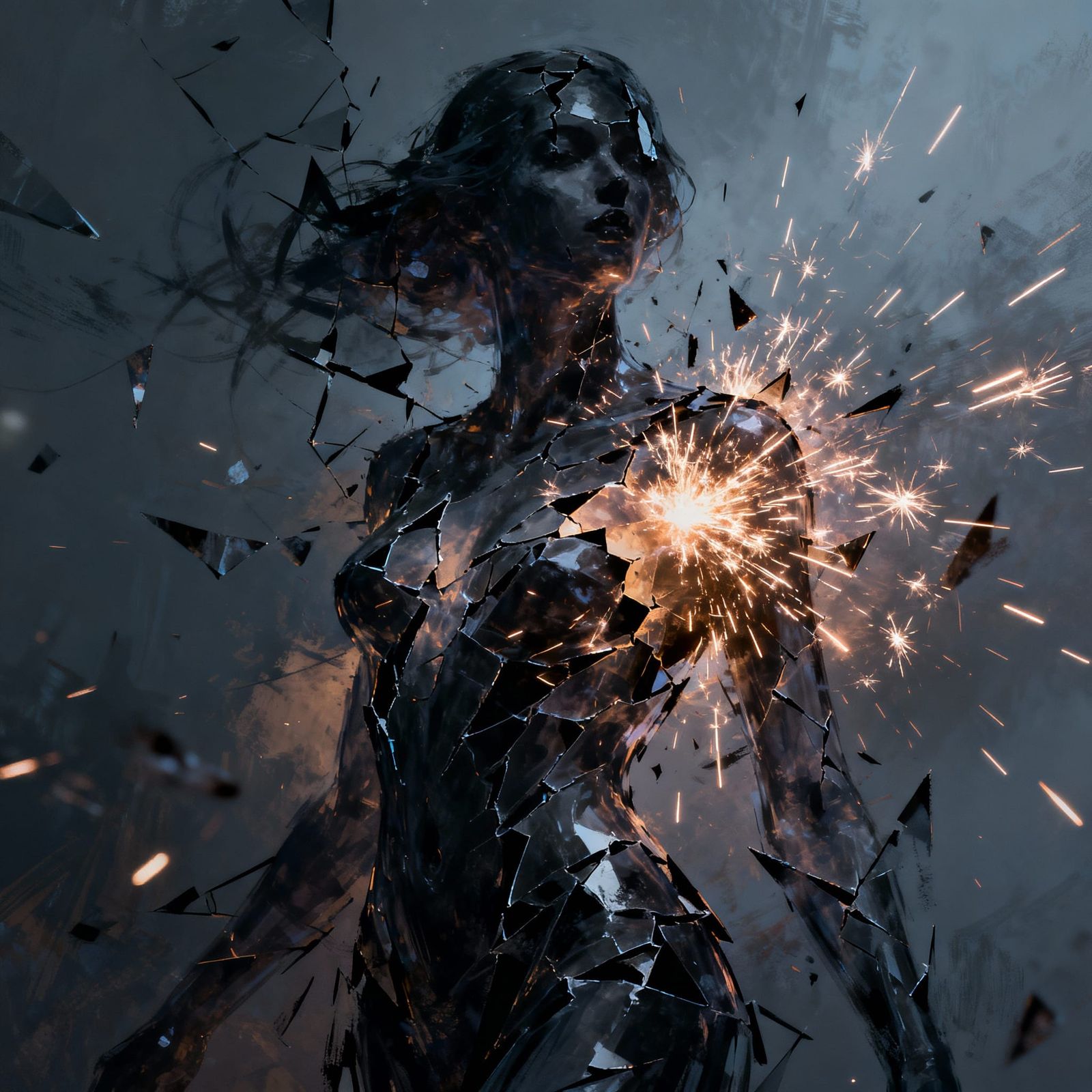 Surreal Feminine Figure Explodes in Chaotic Sparks