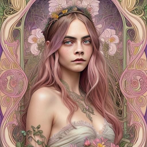 Dreamy Cara Delevingne in Whimsical Art Nouveau Fantasy