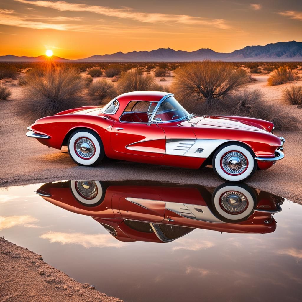 Vintage Corvette Bathed in Sunrise Reflections