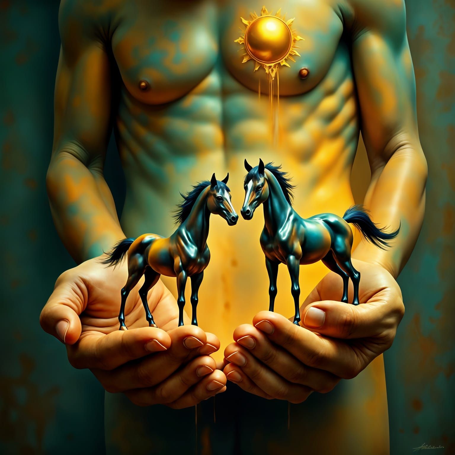 Surreal Hyperrealistic Portraits of Two Tiny Horses in a Gia...
