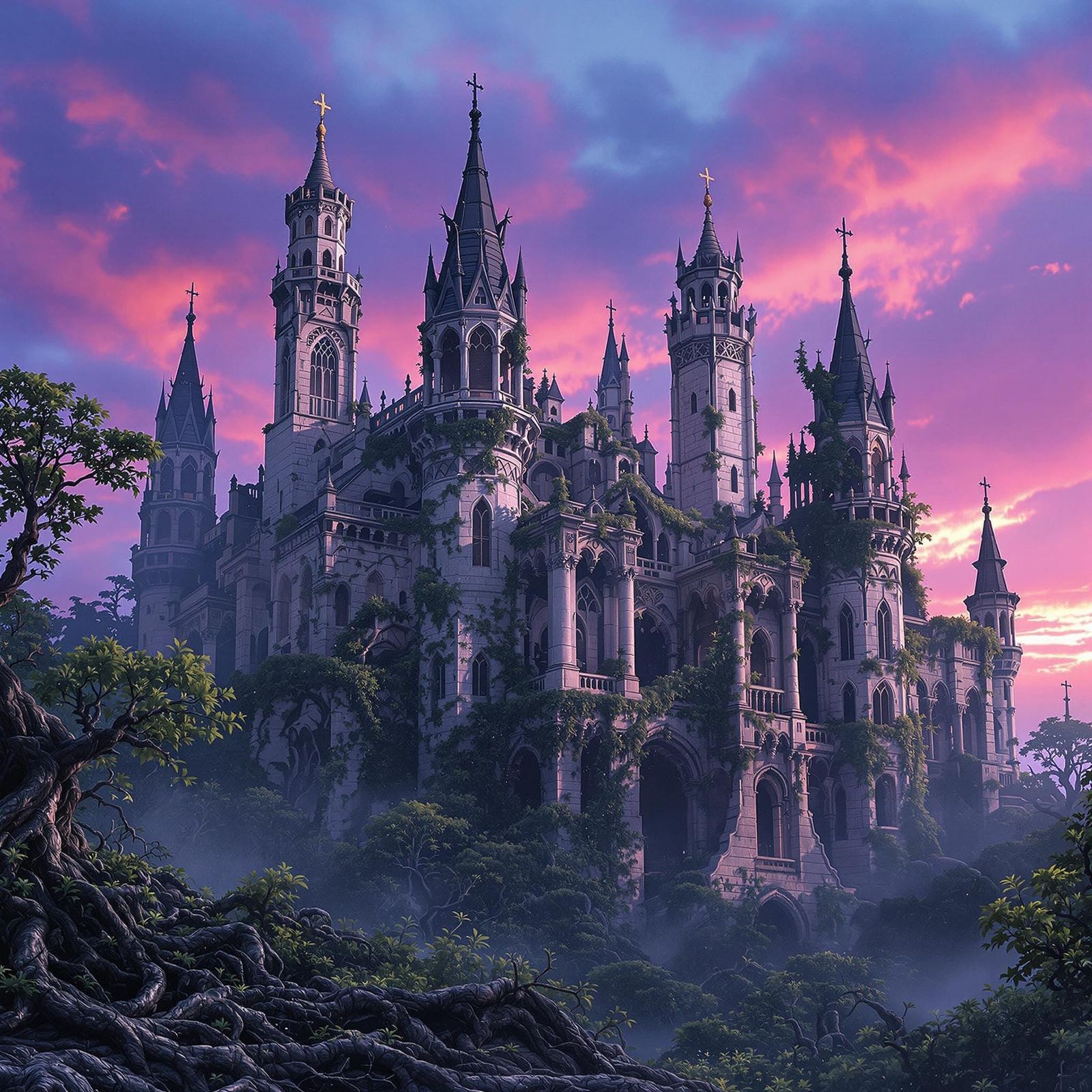 Majestic Castle Ruins in a Vibrant, Mystical Landscape