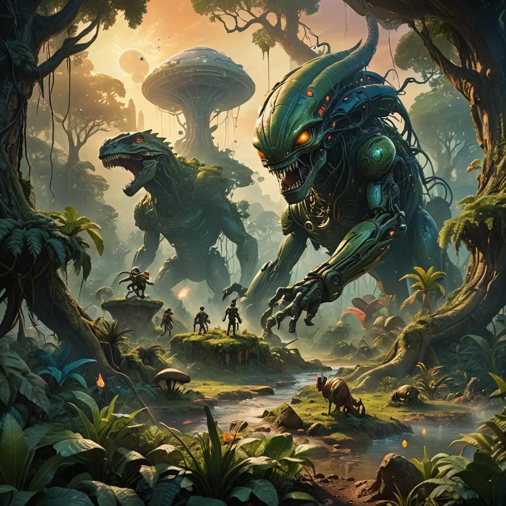 Epic Surrealist Sci-Fi Landscape with Alien Battle