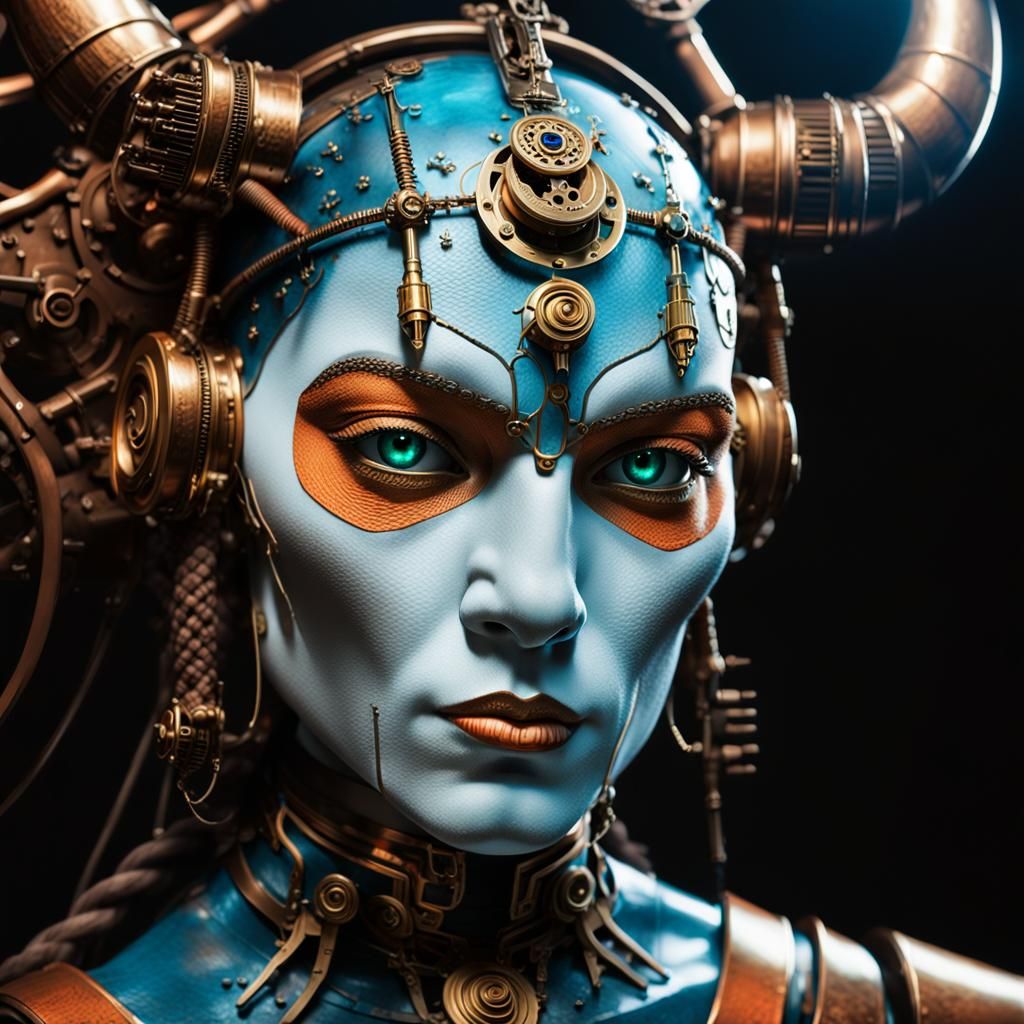 Surrealistic Cyborg Valkyrie in Dreamlike Lab at Dawn